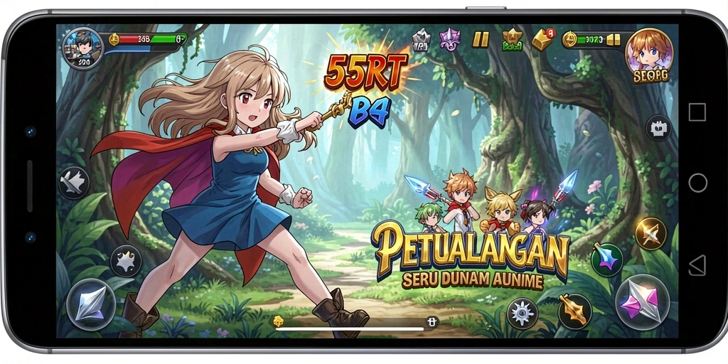 Tampilan gameplay seru dalam <strong>55RT</strong> dengan karakter anime favorit.