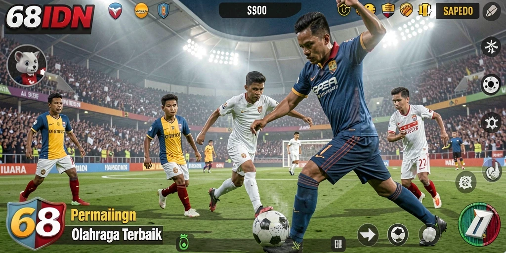 Tampilan gameplay yang dinamis dalam 68IDN, menampilkan aksi sepak bola yang seru.