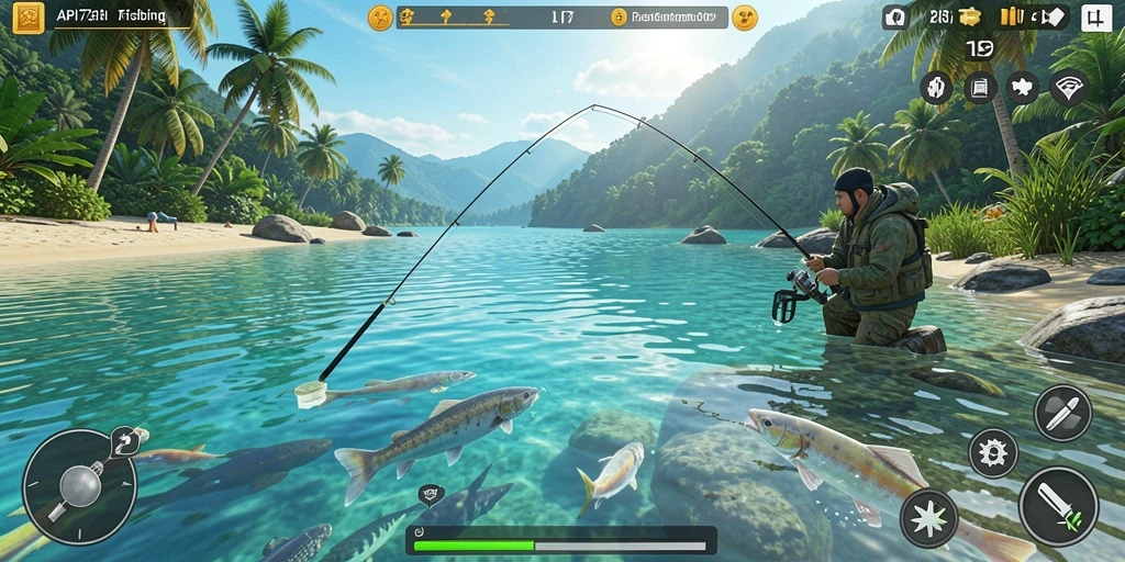 Tampilan gameplay yang menarik dalam API77 saat menangkap ikan.