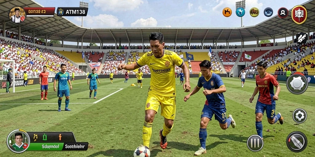 Tangkapan layar utama dari gameplay <strong>ATM138</strong> yang menggambarkan aksi seru sepak bola.