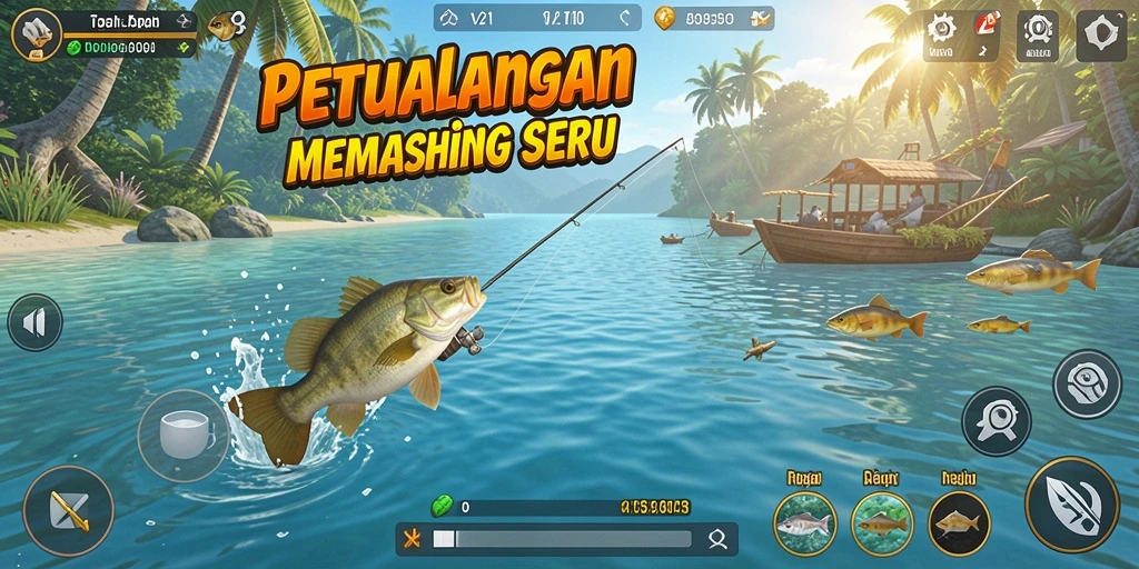 Tampilan gameplay V21 memperlihatkan aktivitas memancing yang seru dan mendebarkan.